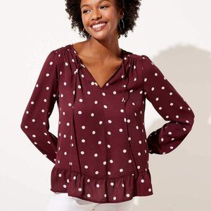 NWT LOFT Spotted Tie Neck Ruffle Hem Blouse